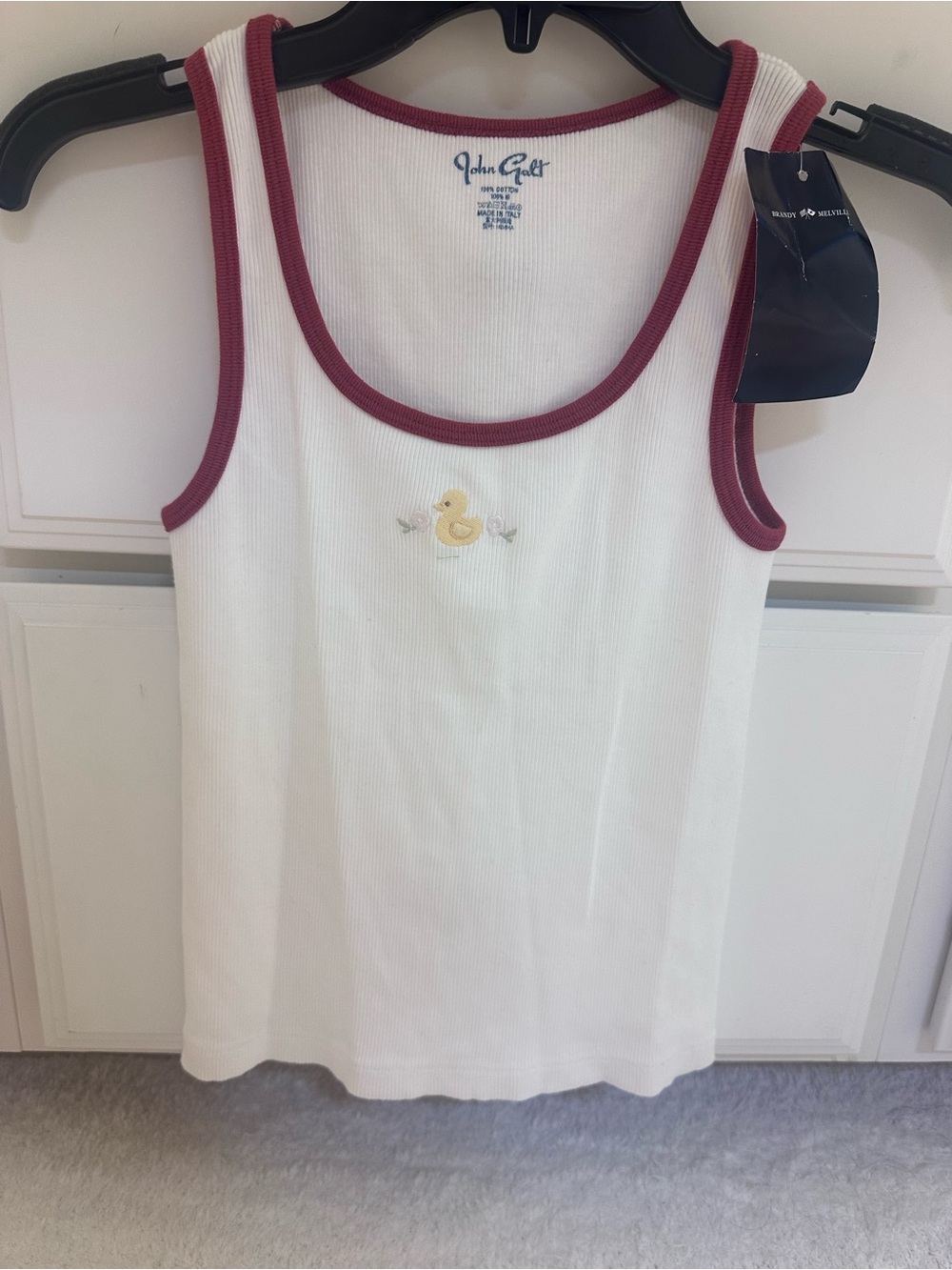 Brandy Melville White Ribbed Tank with Maroon Trim and Yellow Duck Embroidery